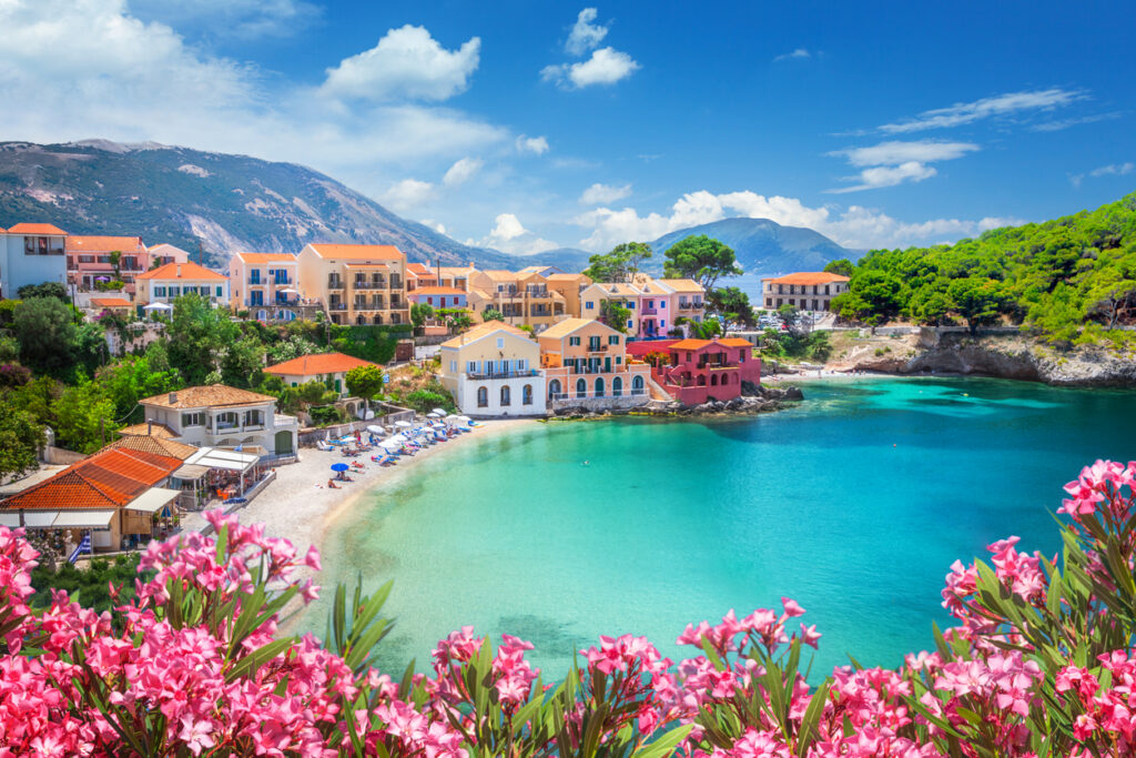 Assos village in Kefalonia, capturing the beautiful island setting experienced by Americans living in Greece.