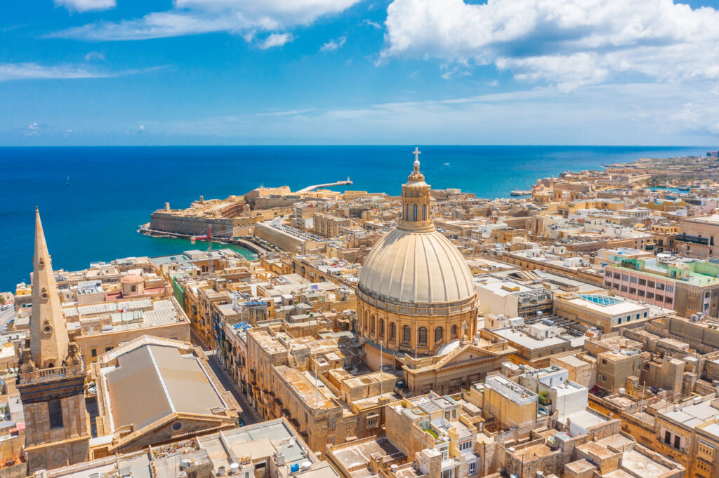 Aerial view of Valletta’s historic churches and rooftops, a familiar cityscape for Americans living in Malta.