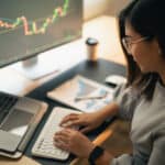 Investor reviewing market charts, preparing to report capital gains and losses on Form 8949.