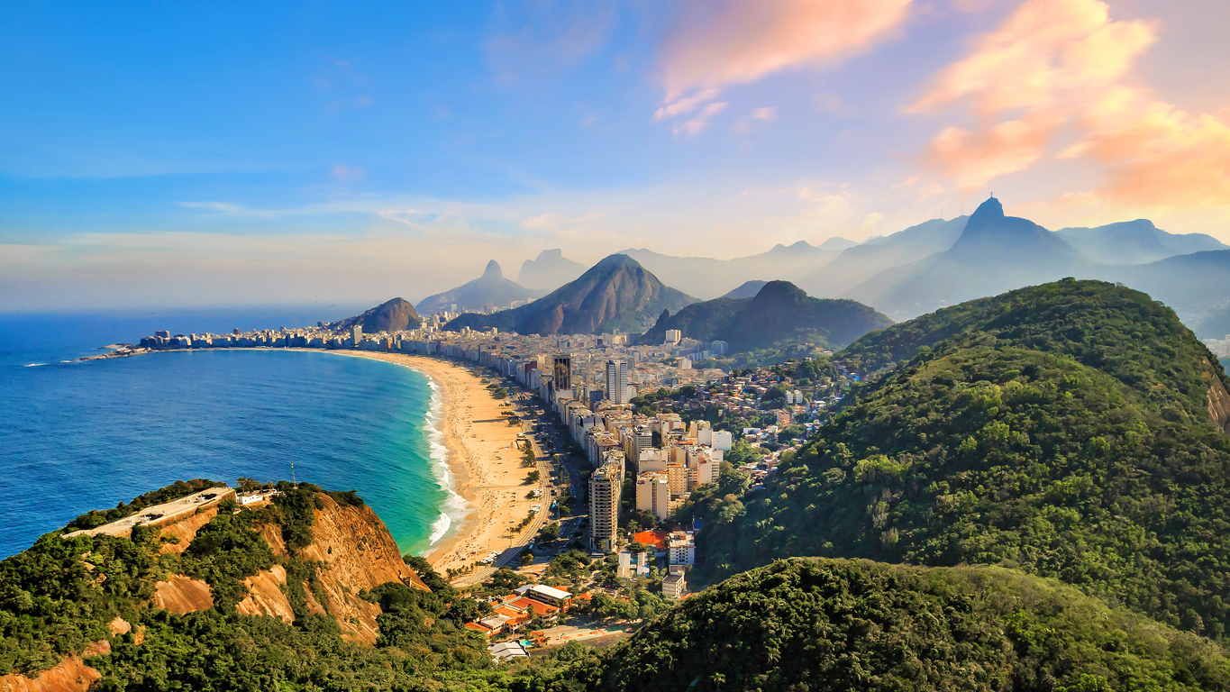 Aerial view of Copacabana and Ipanema, capturing the iconic coastal setting of Americans living in Brazil.