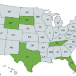 Map of USA indicating which states have no income tax, including: Alaska, Florida, Nevada, South Dakota, Tennessee, Texas, Washington, and Wyoming.