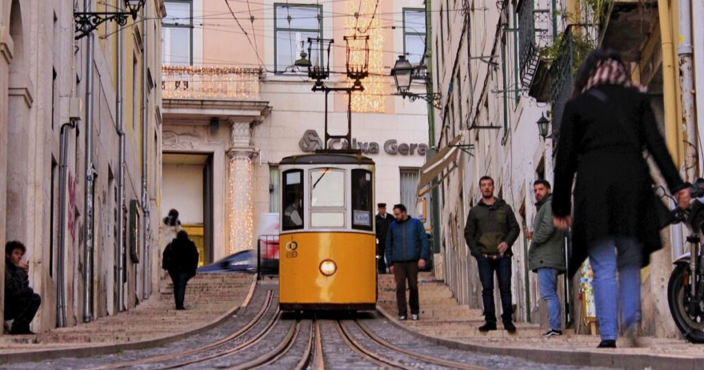 Yellow tram car in Lisbon city center