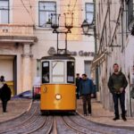 Yellow tram car in Lisbon city center