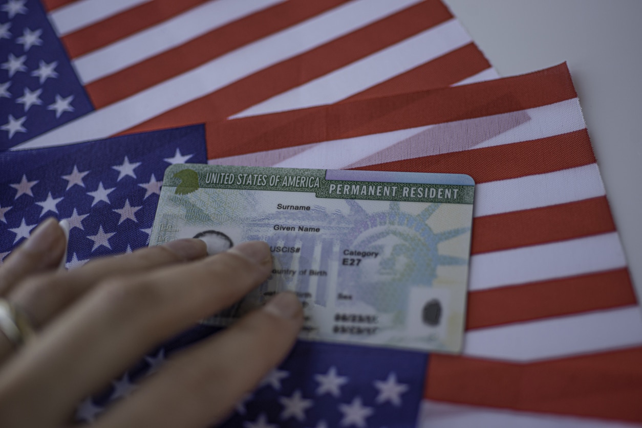 US permanent resident card on an American flag, representing the tax and filing obligations of green card holders.