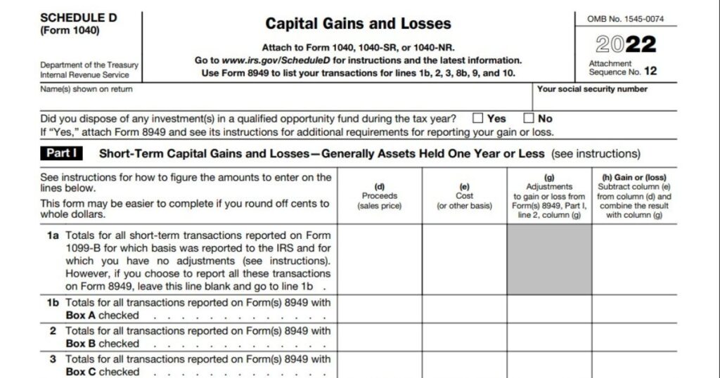 IRS Sheet for Capital Gains and Losses