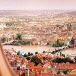 View of Prague from the window seat of an airplane