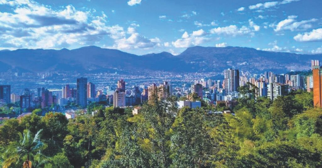 Aerial cityscape shot of Medellin, Colombia.