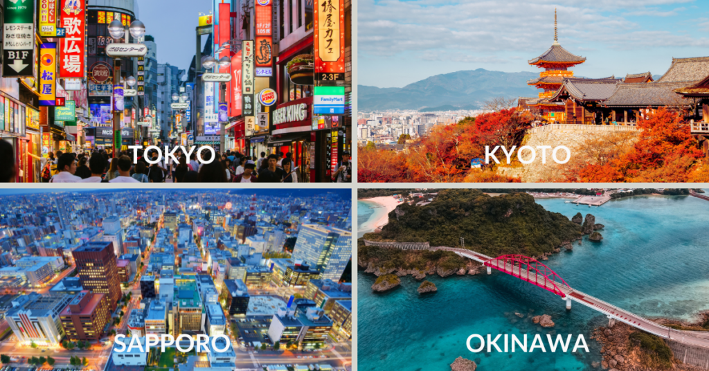 Four-image collage of the best places to live in Japan, including Tokyo, Okinawa, Kyoto, and Sapporo.
