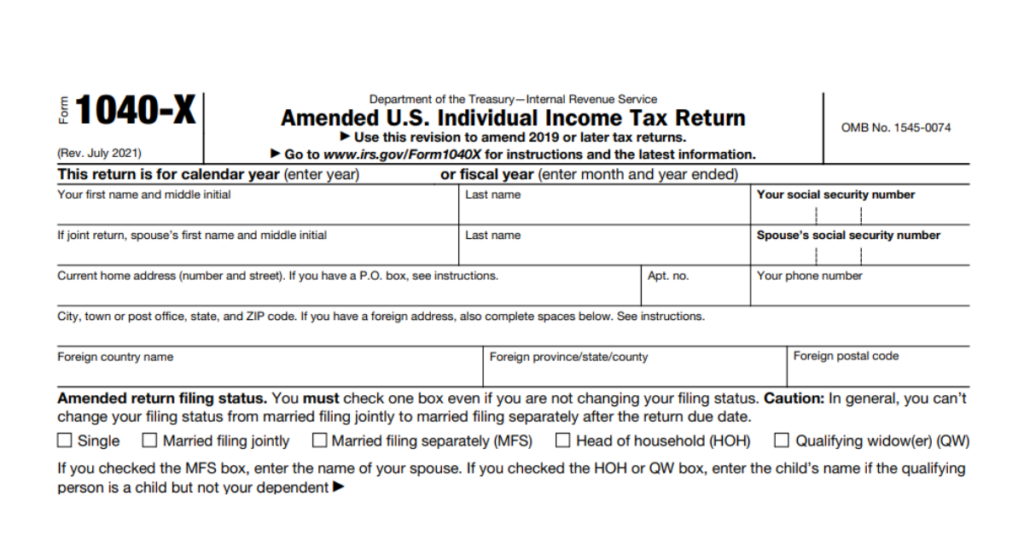 Screenshot of first half of IRS Form 1040X - Amended U.S. Individual Income Tax Return