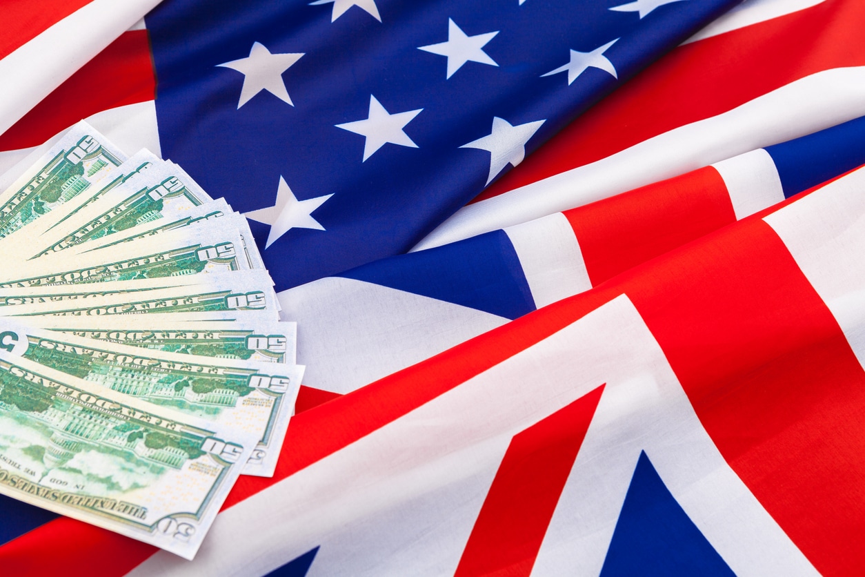 American flag and cash money, representing the financial ties covered by the US UK tax treaty.
