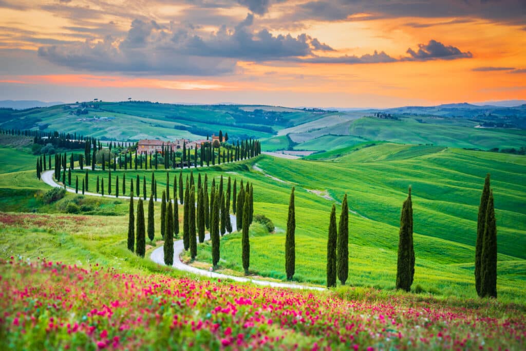 Tuscany’s rolling hills and cypress-lined paths, capturing the peaceful countryside lifestyle many imagine when they retire in Italy.