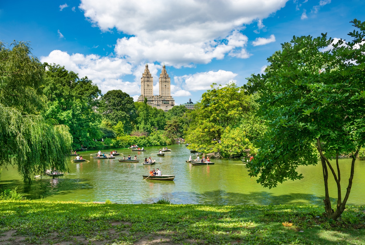 Central Park lake with rowboats and the Manhattan skyline, representing everyday life in a place shaped by New York State income taxes.