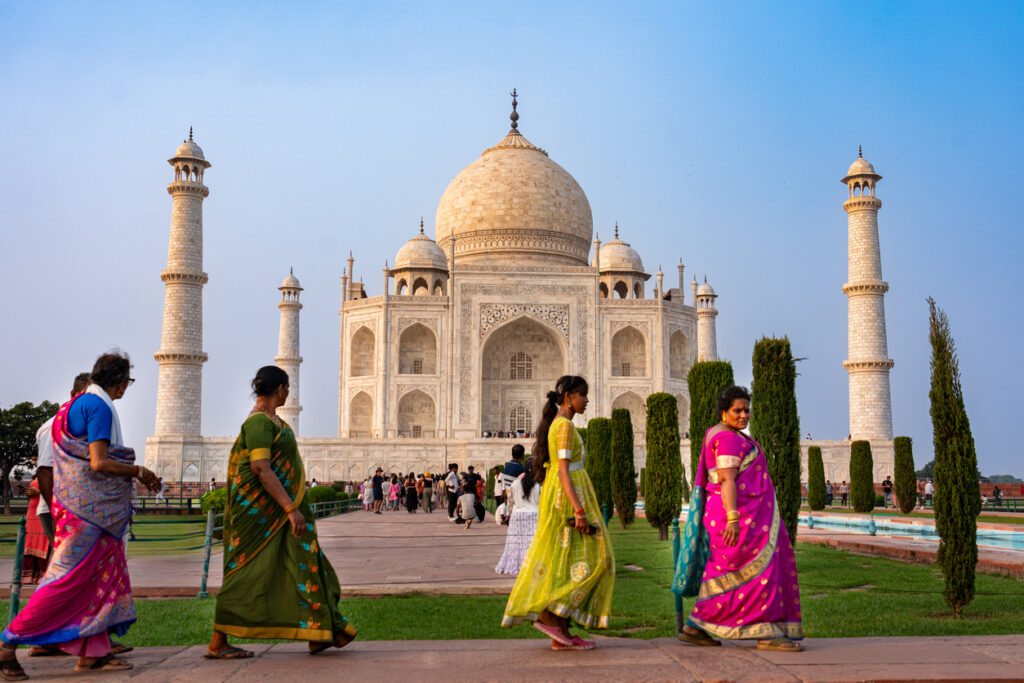 Visitors at the Taj Mahal in Agra, reflecting one of the most iconic cultural landmarks for Americans living in India.