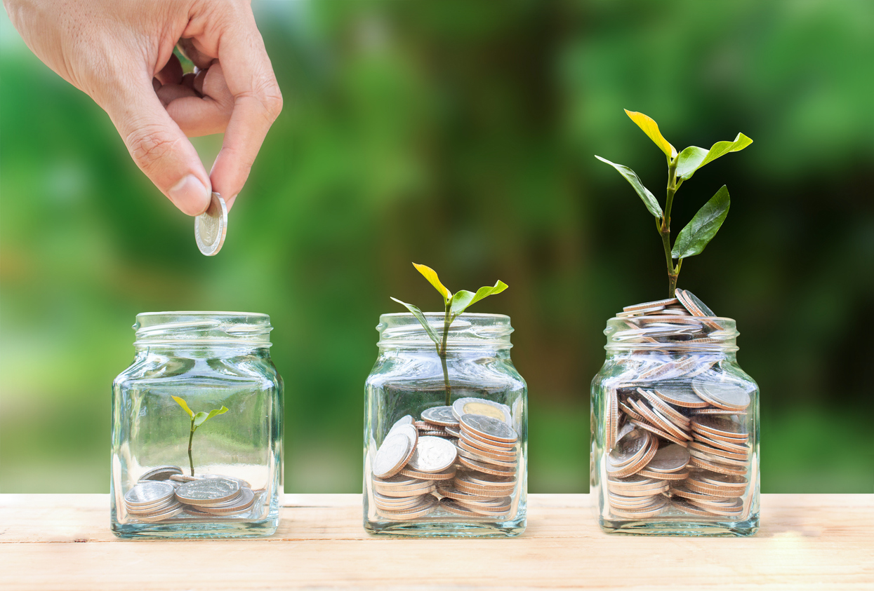 Investment jar with coins and a growing tree, representing long-term business and wealth management strategies.