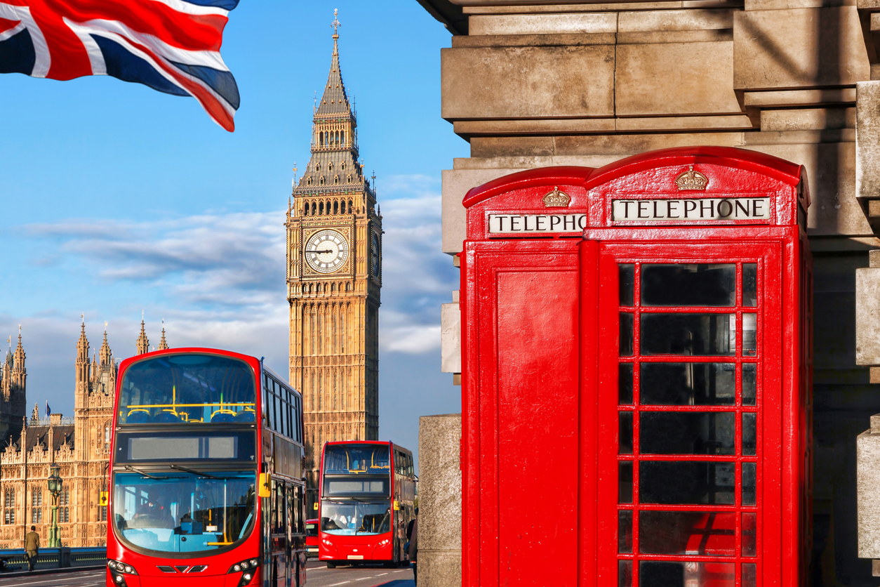 Iconic London scene with Big Ben, red bus, and telephone box—quintessential symbols of life in the UK.