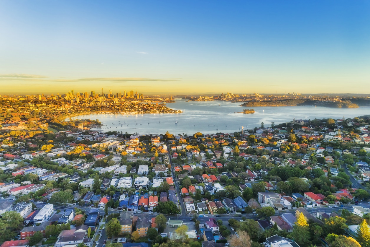 Aerial view of Sydney’s eastern suburbs, showing luxury housing in Australia.