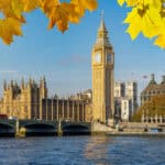 Autumn view of Big Ben and Westminster Bridge, a familiar cityscape for many Americans living in the UK.