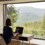 Woman working remotely with a mountain view, illustrating the lifestyle of someone working for an American company abroad.