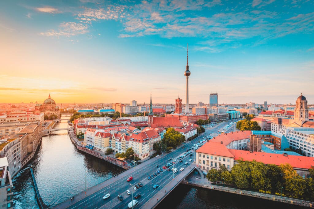 Berlin’s skyline at golden hour, representing the business hub where companies are affected by the Germany corporate tax rate.