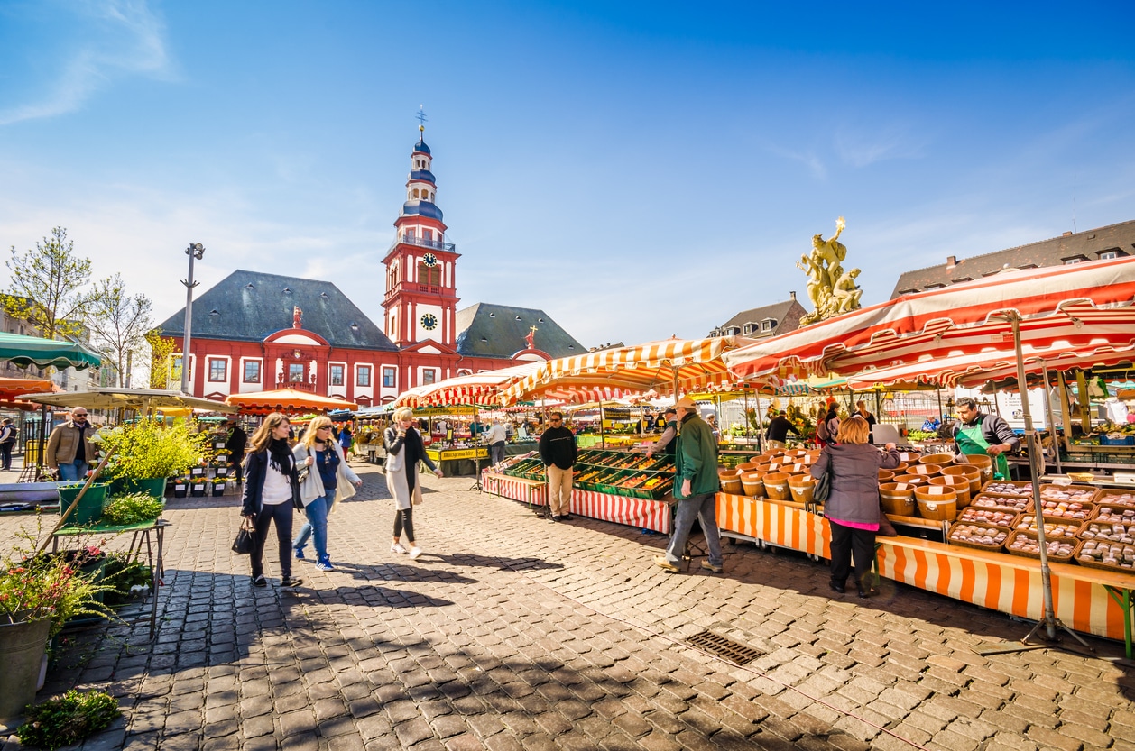 People shopping at outdoor market stalls in Mannheim, reflecting the everyday expenses behind the cost of living in Germany vs US.