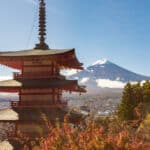 Chureito Pagoda and Mount Fuji in autumn, capturing the beauty that draws many people who want to move to Japan from US.